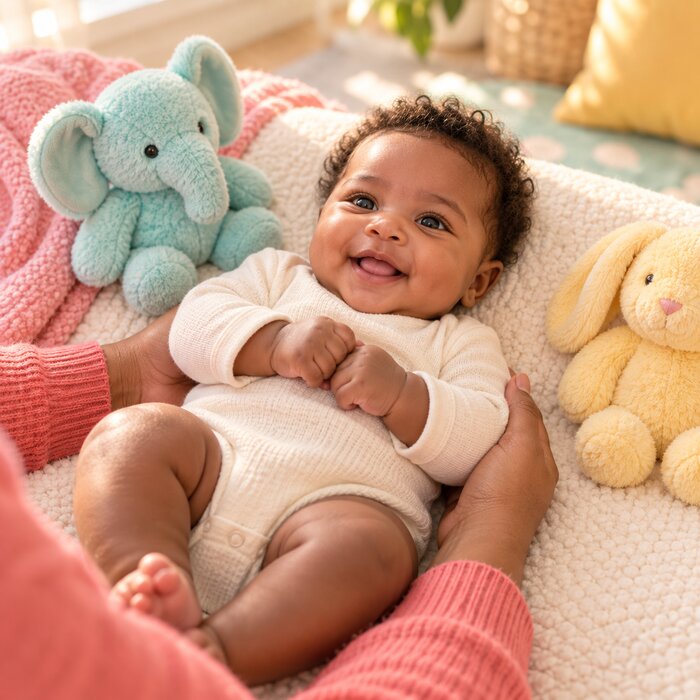A happy baby lying on a soft blanket surrounded by pastel plush toys